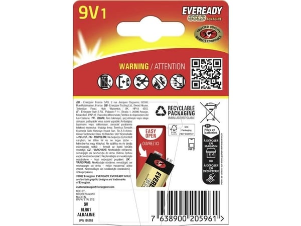 Energizer Eveready Gold, Engangsbatteri, 9V, Alkalinsk, 9 V, 1 stykker, Sort, Gull