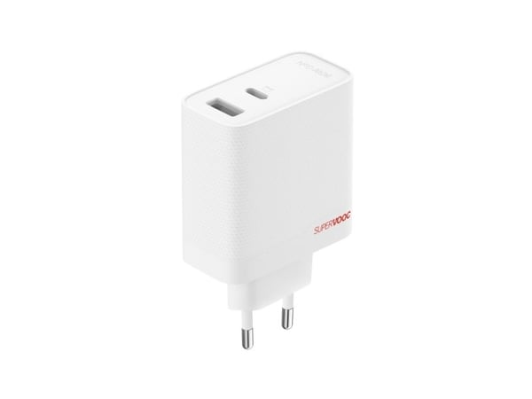 OnePlus SUPERVOOC - Strømadapter - GaN - 80 watt - 7.3 A - SuperVOOC, PD/PPS, QC - 2 utgangskontakter (USB, USB-C) - hvit