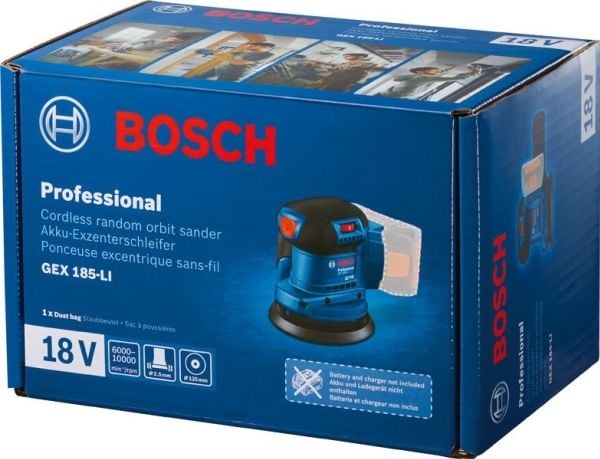 Bosch GEX 185-LI Professional, Eksentersliper, Tilfeldig orbital, Blå, Børsteløs, Tyskland, 6000 RPM