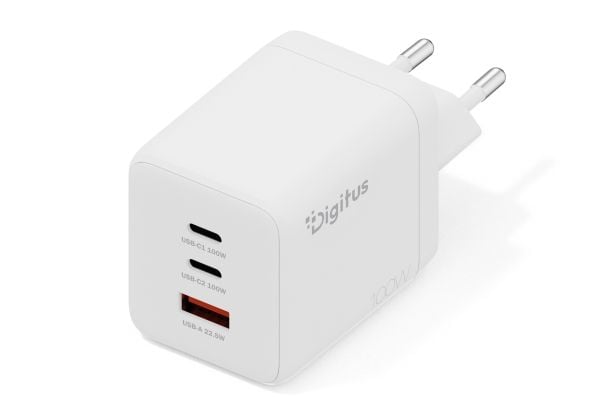 Digitus - Strømadapter - GaN - 100 watt - 2 A - 3 utgangskontakter (2 x USB-C, USB) - hvit