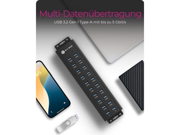 18+2 porter USB-hub, 18x USB-A-dataport, 2x USB-ladeport, USB 3.2 Gen 1 @ 5 Gbit/s, monteringshull, 96W strømforsyning, svart (IB-HUB1720-U3)