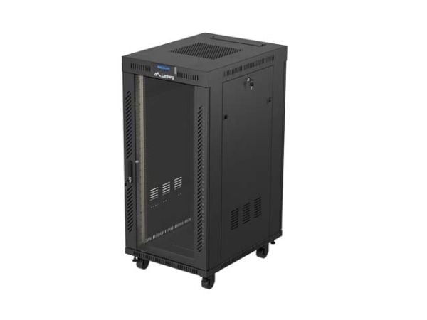 Lanberg FF01 series V2 - Rack skap - 600 x 800, flat pack, with glass door, LCD - med termostat, 4 kjølevifter - fritt stående - svart, RAL 9004 - ...