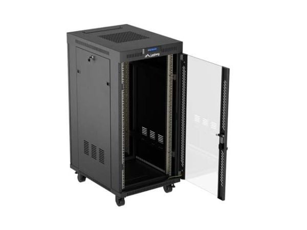 Lanberg FF01 series V2 - Rack skap - 600 x 800, flat pack, with glass door, LCD - med termostat, 4 kjølevifter - fritt stående - svart, RAL 9004 - ...