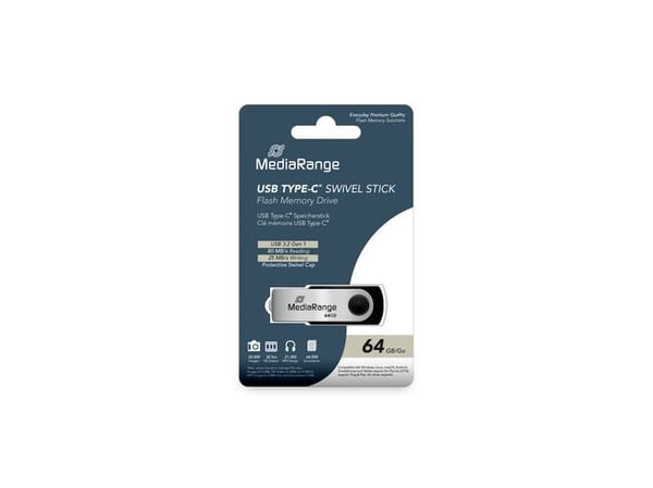 MediaRange MR1953, 64 GB, USB Type-C, 3.2 Gen 1 (3.1 Gen 1), 80 MB/s, Taittuva, musta, Hopea