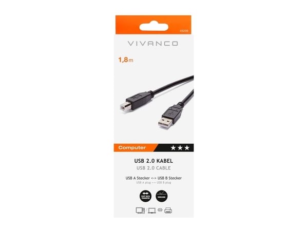 Vivanco VVIT31USBAB18MMK, 1,8 m, USB A, USB B, USB 2.0, Svart