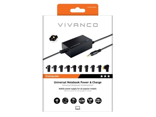 Vivanco VVITADAPT45WUN, Bærbar PC, Innendørs, 100 - 240 V, 45 W, 9,5 - 20 V, AC-til-DC