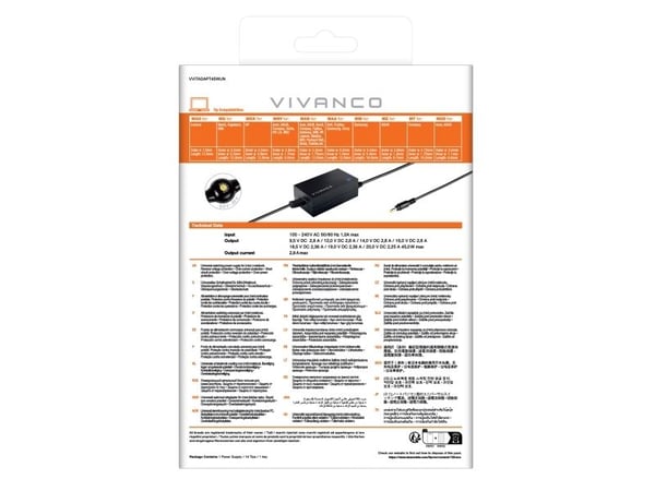 Vivanco VVITADAPT45WUN, Bærbar PC, Innendørs, 100 - 240 V, 45 W, 9,5 - 20 V, AC-til-DC