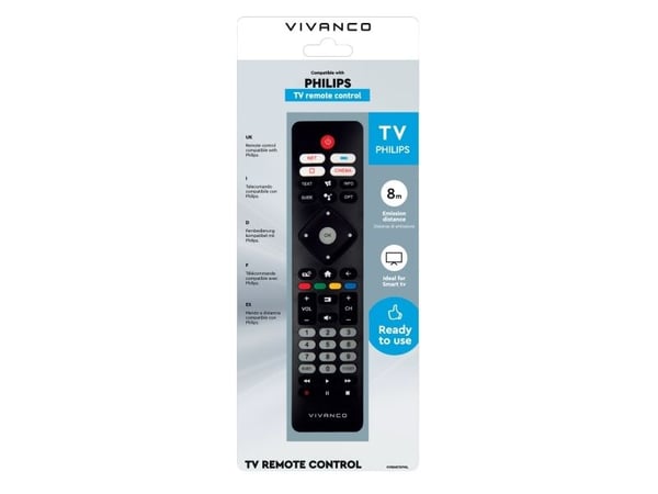 Vivanco VVREMOTEPHIL, TV, IR trådlös, Tryckknappar, Svart