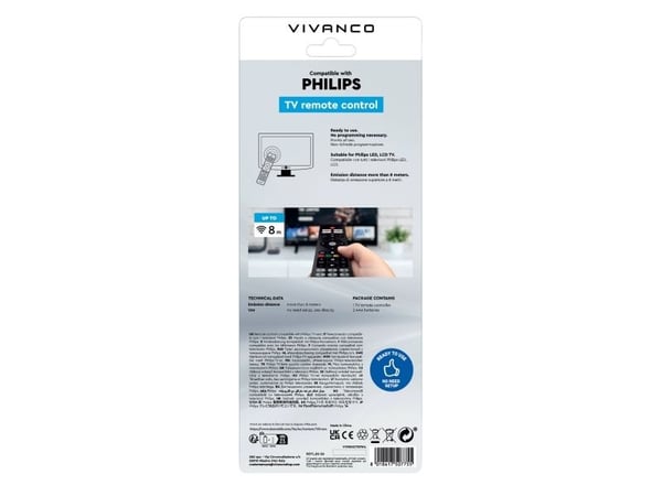 Vivanco VVREMOTEPHIL, TV, IR trådlös, Tryckknappar, Svart