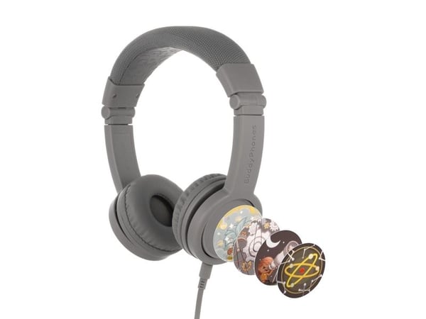 Onanoff BuddyPhones Explore+ - Hörlurar med mikrofon - på örat - kabelansluten - 3,5 mm kontakt - grå har betydelse