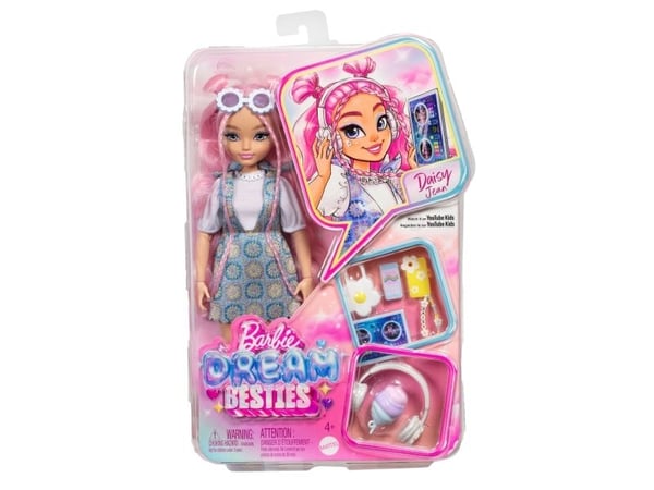 Barbie Dream Besties Daisy Jean-motedukke med 9 tilbehørsdeler med DJ- og musikktema, Motedukke, Jente, 4 år, Jente, Gir fra seg lyd, 276 mm