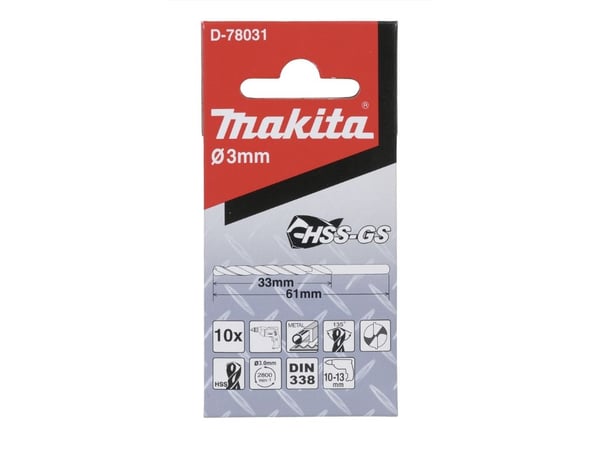 Makita D-78031, Pora, Poranteräsetti, Oikeanpuoleinen kierto, 3 mm, 61 mm, Metalli, Alumiini, Silitysrauta, Terästä