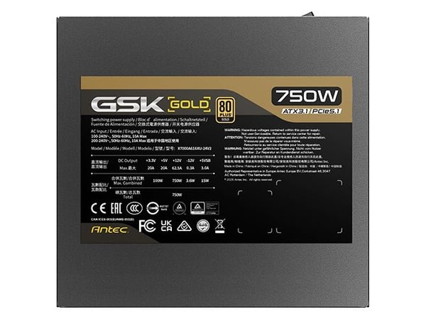 Antec GSK750 V2 - Strømforsyning (intern) - ATX12V 3.1/ EPS12V - 80 PLUS Gold - AC 100-240 V - 750 watt - aktiv PFC - Europa