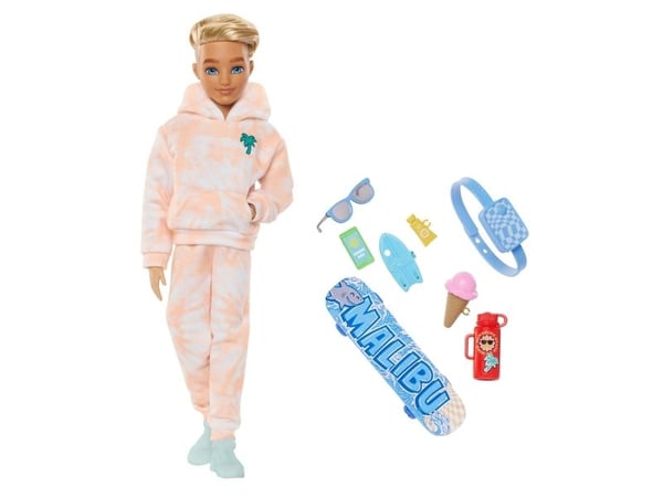 Barbie Dream Besties Ken-modedocka med nio tillbehör på sommar- och skateboardtema, Modedocka, Pojke, 4 År, Flicka, 268 mm, 170 g