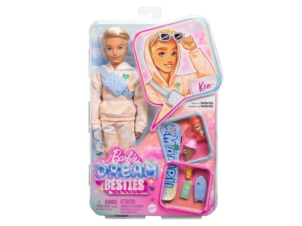 Barbie Dream Besties Ken-modedocka med nio tillbehör på sommar- och skateboardtema, Modedocka, Pojke, 4 År, Flicka, 268 mm, 170 g