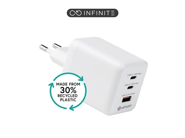 eSTUFF INFINITE - Strømadapter - 100% recycled plastic - 35 watt - 3 A - Apple Fast Charge, PD 3.0, QC 3.0 - 2 utgangskontakter (24 pin USB-C) - hvit