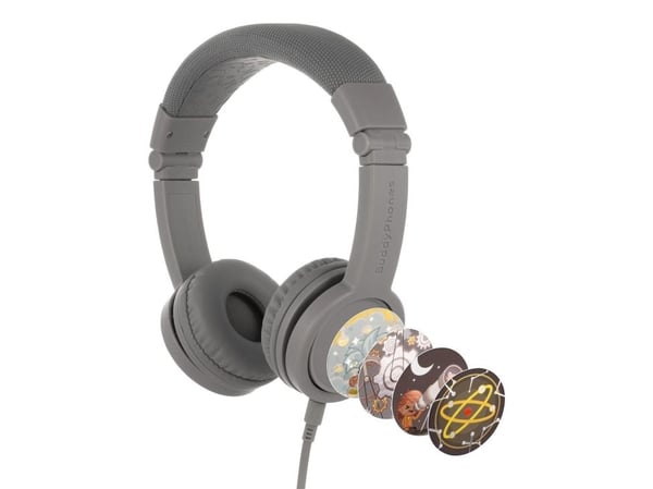 Onanoff BuddyPhones Explore+ - Hörlurar med mikrofon - på örat - kabelansluten - 3,5 mm kontakt - grå har betydelse