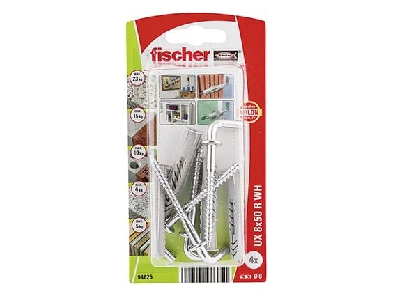 Fischer 94625, Ruuvikoukku- ja ankkurisarja, Tiili, Betoni, Kipsilevy, Nailon, Harmaa, CE, 8 mm