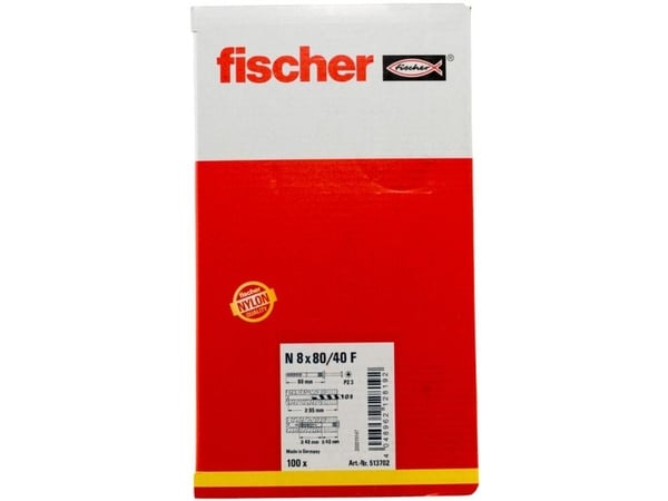 Fischer 513702, Kit med skruv och väggplugg, Tegel, Betong, Pozidriv, PZ3, 80 mm, 8 mm