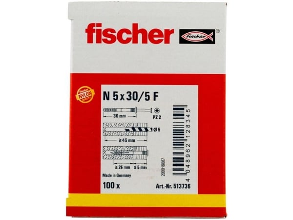 Fischer 513736, Kit med skruv och väggplugg, Tegel, Betong, Pozidriv, PZ2, 30 mm, 5 mm