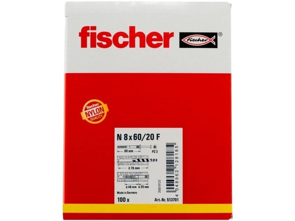 Fischer 513701, Kit med skruv och väggplugg, Tegel, Betong, Pozidriv, PZ3, 60 mm, 8 mm