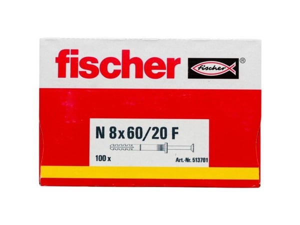 Fischer 513701, Kit med skruv och väggplugg, Tegel, Betong, Pozidriv, PZ3, 60 mm, 8 mm