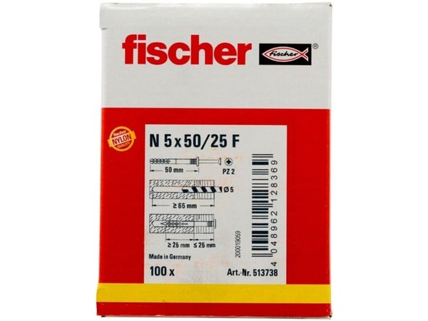 Fischer 513738, Skrue- og veggpluggsett, Murstein, Betong, Pozidriv, PZ2, 50 mm, 5 mm