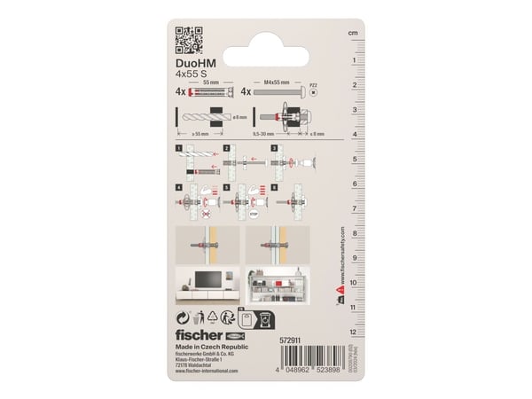 Fischer DuoHM 4x55 S PH PZ, Veggplugg, Grå, Pozidriv, PZ2, 8 mm, 55 mm