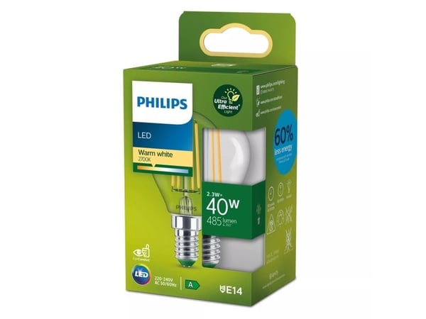 Philips LED - LED-filamentlyspære - form: P45 - klar finish - E14 - 2.3 W (ekvivalent 40 W) - klasse A - varmt hvitt lys - 2700 K