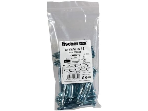 Fischer 538883, Skrue- og veggpluggsett, Gipsfiberplate, Metall, 65 mm, 1 cm, 2 cm