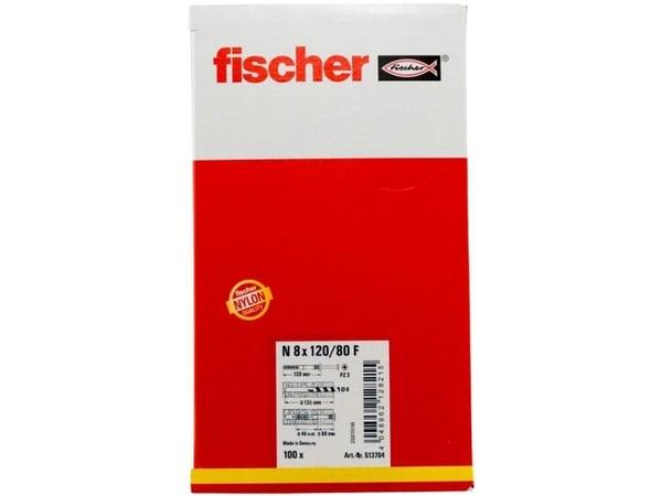 Fischer 513704, Skrue- og veggpluggsett, Murstein, Betong, Pozidriv, PZ3, 120 mm, 8 mm