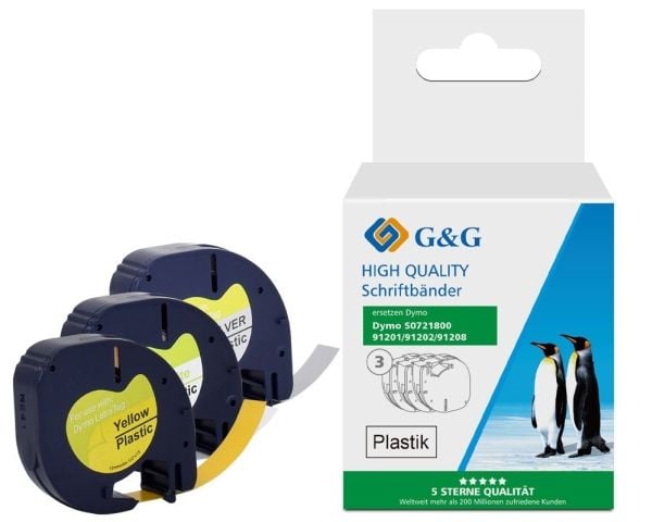 G&G 20892, Svart på hvit + svart på gul + svart på sølv, Kontinuerlig etikett, Svart, Plast, DYMO, LetraTAG LT100H LetraTAG LT100T