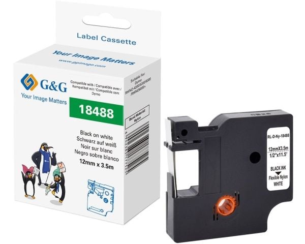 G&G 21699, Svart på hvitt, Kontinuerlig etikett, Svart, Nylon, DYMO, 1,9 cm