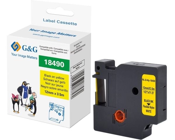 G&G 21707, Svart på gul, Kontinuerlig etikett, Svart, Nylon, DYMO, 1,2 cm