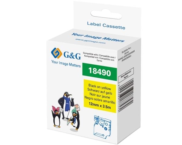 G&amp;G 21707, Svart på gul, Fortløpende etikett, Svart, Nylon, DYMO, 1,2 cm