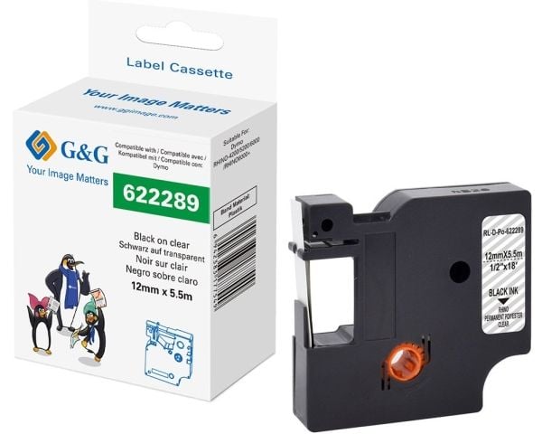G&G 21704, Svart på gjennomsiktig, Kontinuerlig etikett, Svart, Polyester, 1,2 cm, 5,5 m