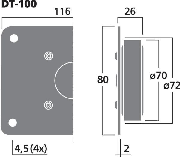 Monacor DT-100, Diskanttikaiuttimen elementti, 30 W, Suorakulmainen, 60 W, 8 O, 0 - 20000 Hz