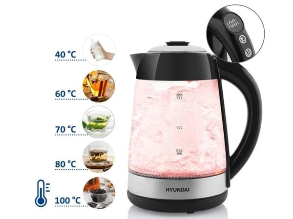 Hyundai VK780, 1,7 l, 2200 W, Svart, Agave, Gjennomsiktig, Glass, Justerbar termostat, Vannivåindikator