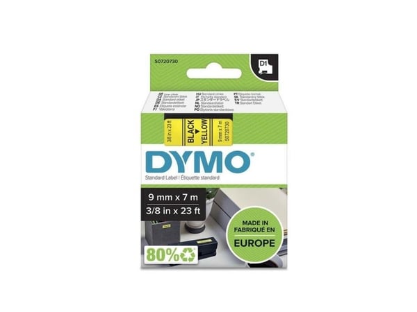 Teksttape, Dymo D1, 9 mm, sort/gul