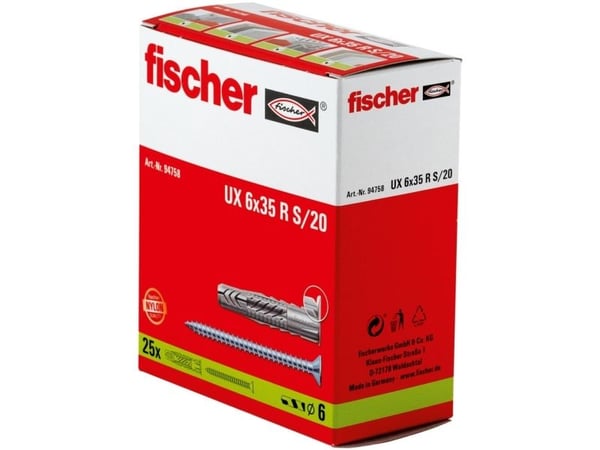 Fischer 94758, Veggplugg, Murstein, Betong, 35 mm, 6 mm, 5 cm, 4,5 mm
