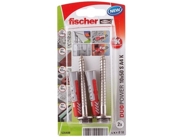 Fischer 535488, Skrue- og veggpluggsett, Murstein, Betong, 50 mm, 1 cm, 7,5 cm, 7 mm