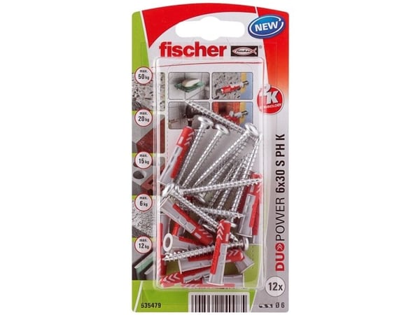 Fischer 535479, Skrue- og veggpluggsett, Murstein, Betong, Pozidriv, PZ2, 30 mm, 6 mm