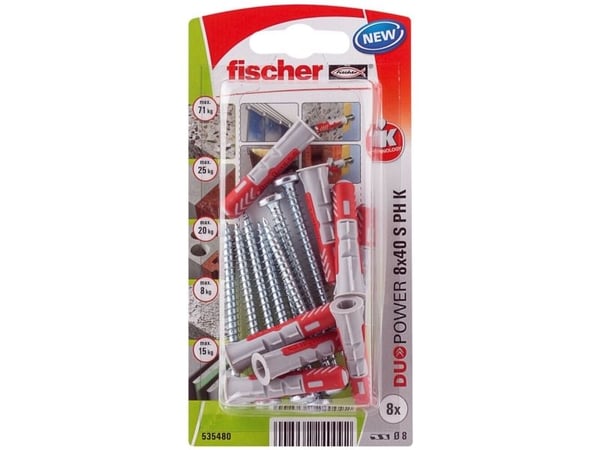 Fischer 535480, Skrue- og veggpluggsett, Murstein, Betong, 40 mm, 8 mm, 6 cm, 5 mm