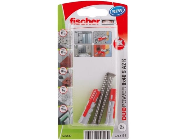 Fischer 535487, Kit med skruv och väggplugg, Tegel, Betong, Pozidriv, PZ2, 40 mm, 8 mm