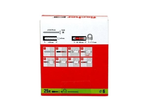 Fischer 564172, Kit med skruvkrok och väggplugg, Autoklaverad lättbetong, Tegel, Betong, Gipsskiva, Gipsskivor, Plast, Grå, Röd, Torx, TX20