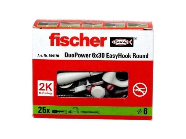 Fischer 564170, Kit med skruvkrok och väggplugg, Autoklaverad lättbetong, Tegel, Betong, Gipsskiva, Gipsskivor, Plast, Grå, Röd, Torx, TX20