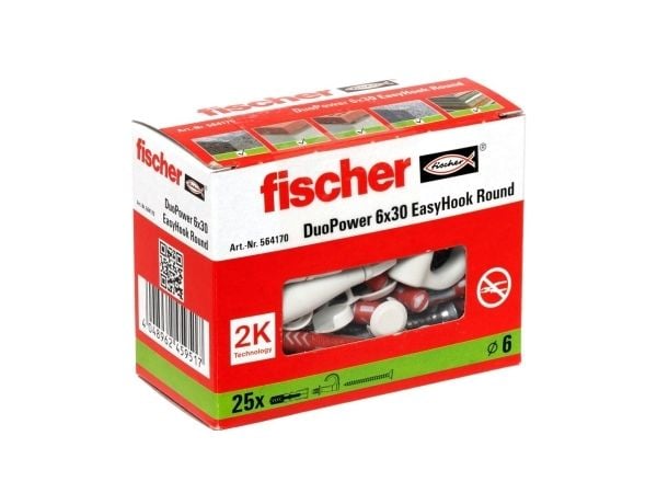 Fischer 564170, Kit med skruvkrok och väggplugg, Autoklaverad lättbetong, Tegel, Betong, Gipsskiva, Gipsskivor, Plast, Grå, Röd, Torx, TX20