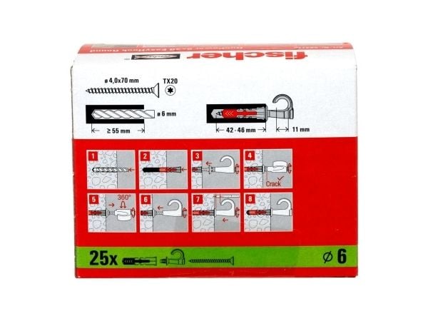 Fischer 564170, Kit med skruvkrok och väggplugg, Autoklaverad lättbetong, Tegel, Betong, Gipsskiva, Gipsskivor, Plast, Grå, Röd, Torx, TX20