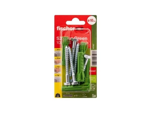 Fischer 567867, Skrue- og veggpluggsett, Lettbetong, Murstein, Betong, Gipsblokk, Murverk, Grønn, Tyskland, 1 cm, 50 mm