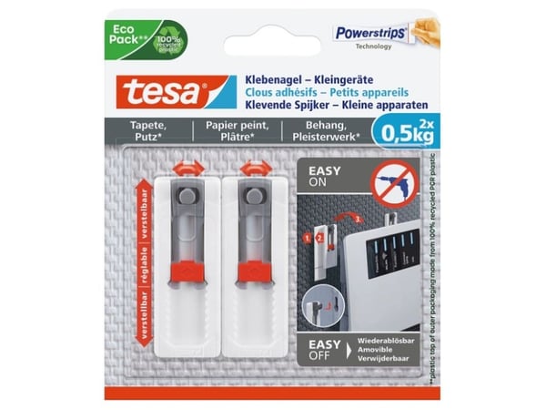 TESA 77782, Innendørs, Redskapskrok, Rød, Hvit, Limstrimmel, 0,5 kg, Gips